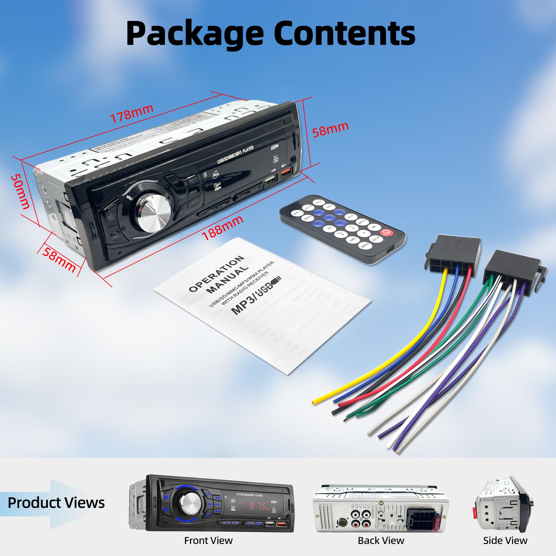 Autoradio Bluetooth 1 DIN - Stereo Auto con 2 Porte USB, Vivavoce Bluetooth, Radio FM, Supporto MP3 via USB/SD/AUX, Telecomando Incluso - Autoradio per auto 12V (nero)