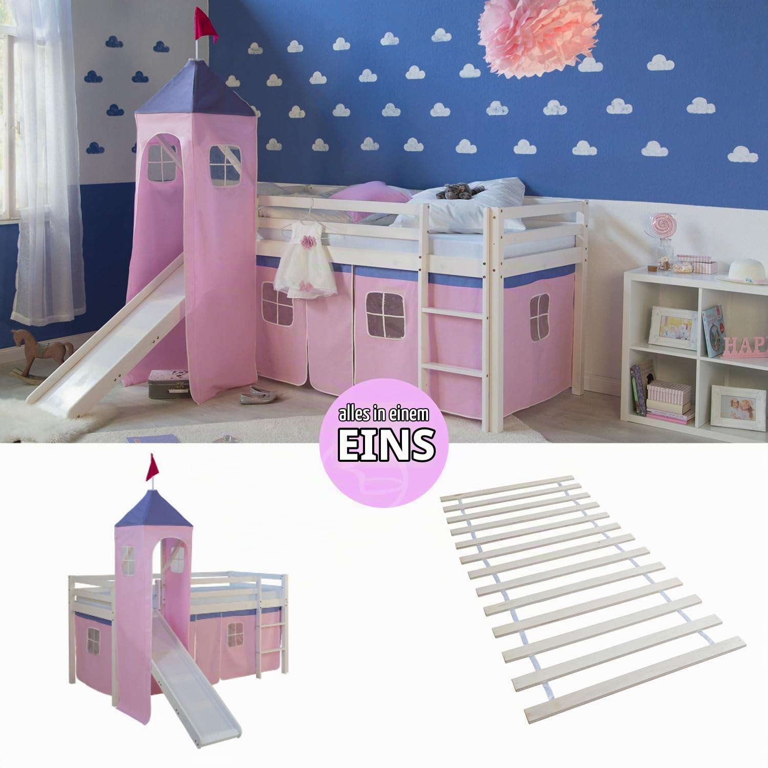 Homestyle4u 2553, Kinderhochbett Weiß 90 x 200cm Holz Kiefer rosa Hochbett Massiv Turm Leiter Vorhang Rutsche Lattenrost