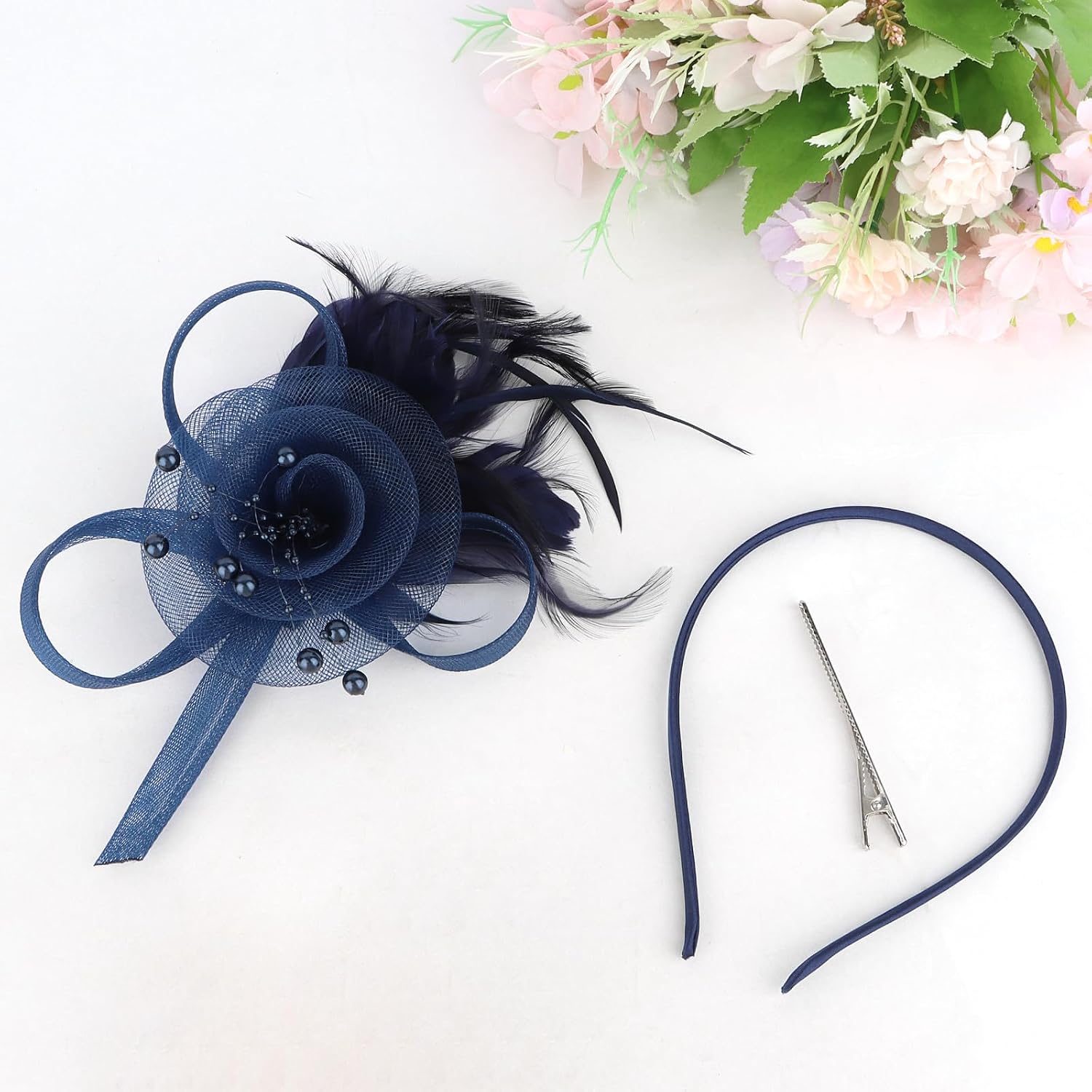 Semato Navy Blue Fascinators Hats for Women Feathers Elegant Pink Tea Party Kentucky Hat Derby Headband with Hair Clip