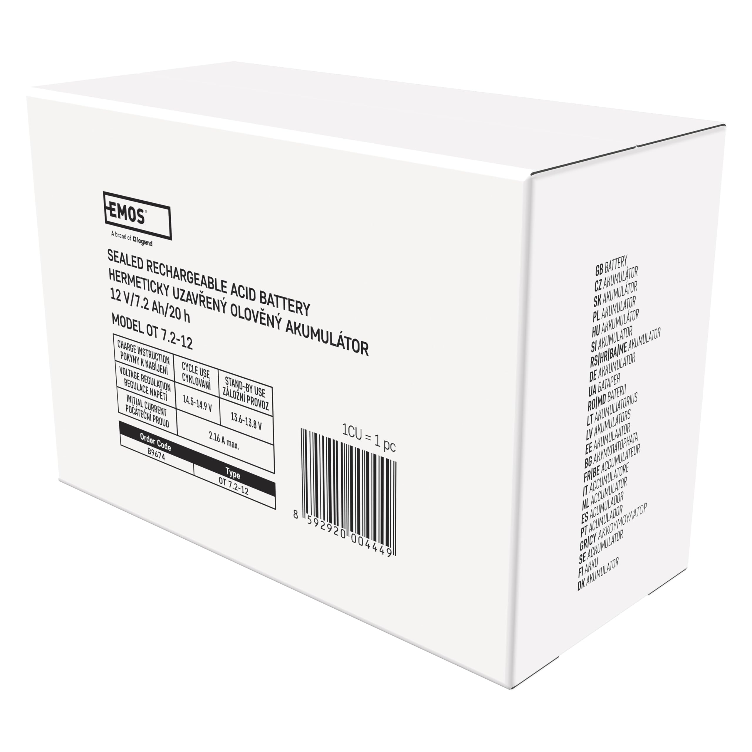 EMOS Batteria al piombo senza manutenzione 12V 7,2Ah AGM Faston 6,3mm UPS allarme 151x65x94mm