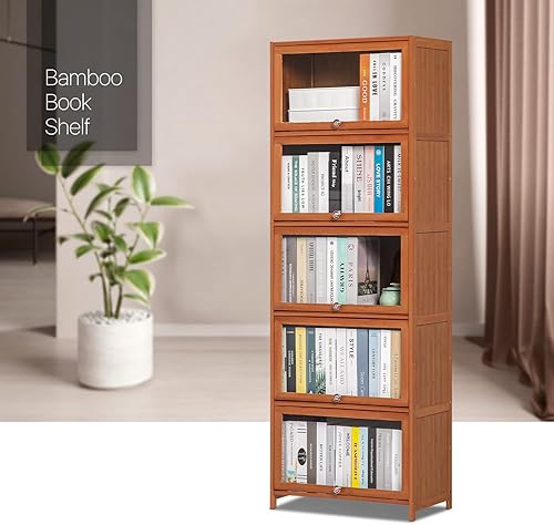 Miniatura 23 de MoNiBloom Estantería de 4 niveles con puertas acrílicas, estante organizador de bambú para ahorrar espacio para estudiantes de niños, dormitorio,