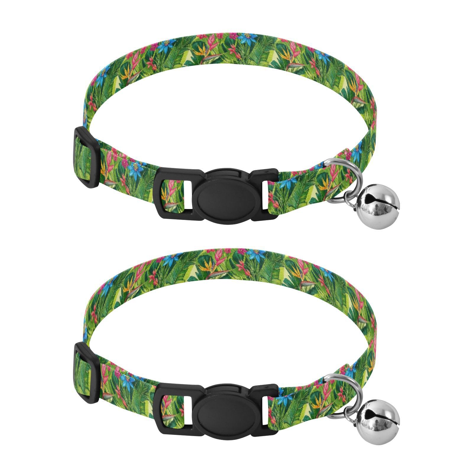 Tropical Jungle Flowers Green Metal Bell Included Puppy Collar 2 Pack Lightweight Small Dog Collar