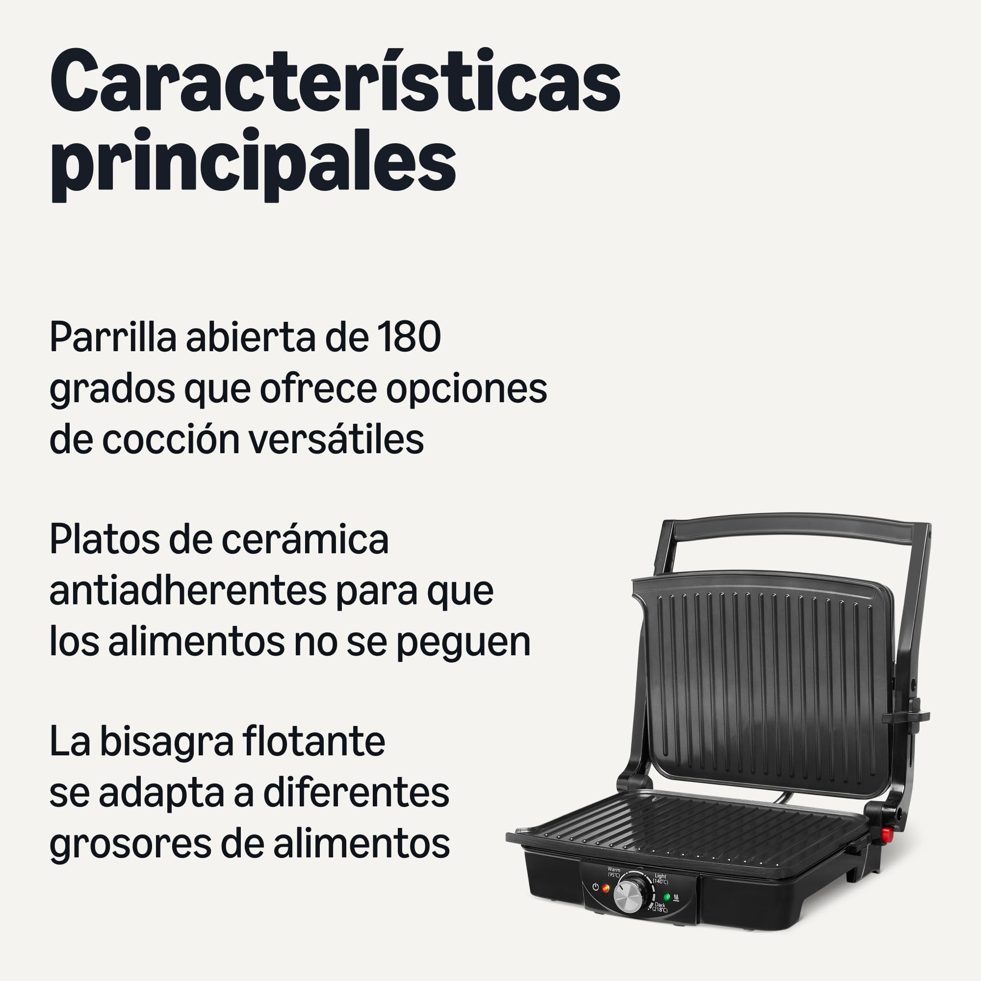 Amazon Basics - Parrilla eléctrica de contacto con control de temperatura, placas antiadherentes, 2000 W, negro