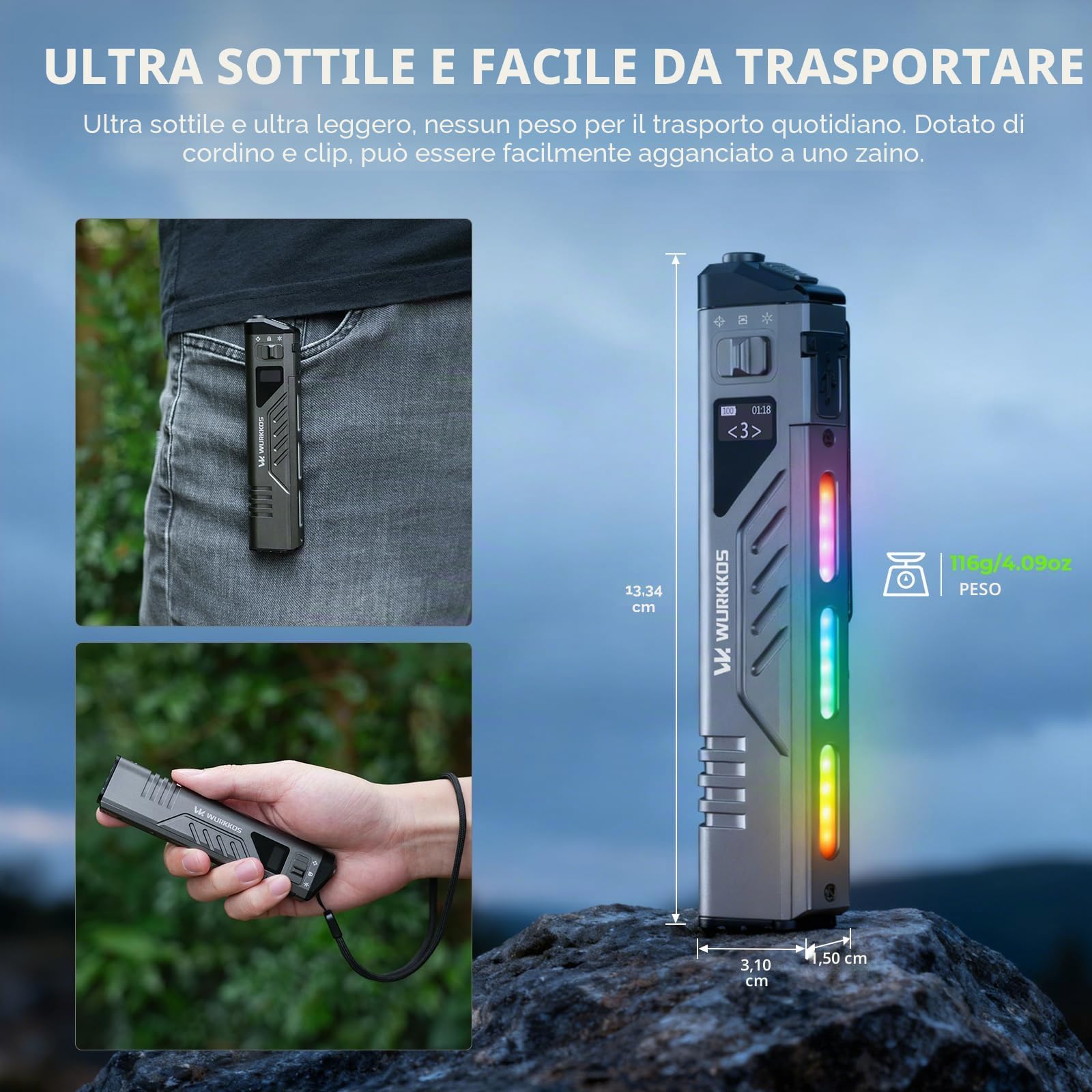 Wurkkos TD11 Torcia Tattica EDC, 3000 Lumen Torcia Led Potente Professionale, Display OLED, Doppi Pulsanti, Ricaricabile USB-C, Luce Spot e Diffusa con RGB, IPX6 per Campeggio ed Emergenze