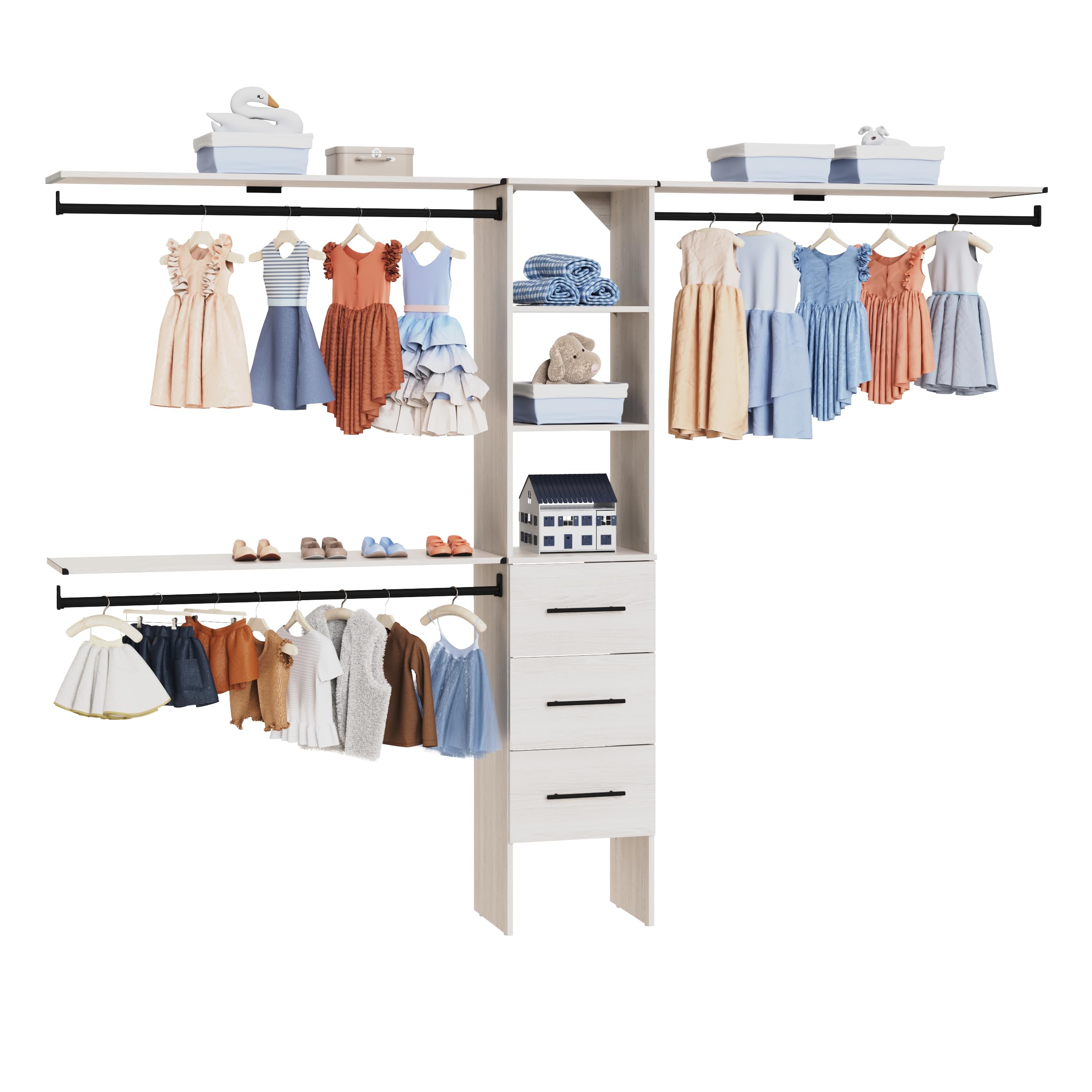 ClosetMaid SuiteSymphony 16-Inch Closet System Tower with (3) Hanging Rods, (3) Drawers, and (3) Top Shelves, White Timber