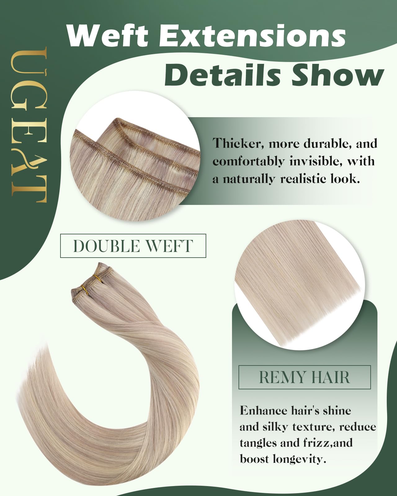 Ugeat Przedłużanie Włosów Tkactwo, Włosy Ludzkie, Pasemka Popielaty Blond, 55 cm 100g, Przedłużanie Włosów Wplatania Popielaty Blond, Remy Naturalne Proste