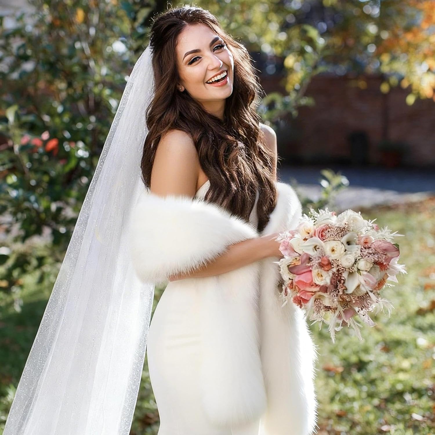 Women's Faux Fur Collar Scarf Wrap, White Warm Scarf Wrap Stole Shawl Shrug Neck Warmer for Winter