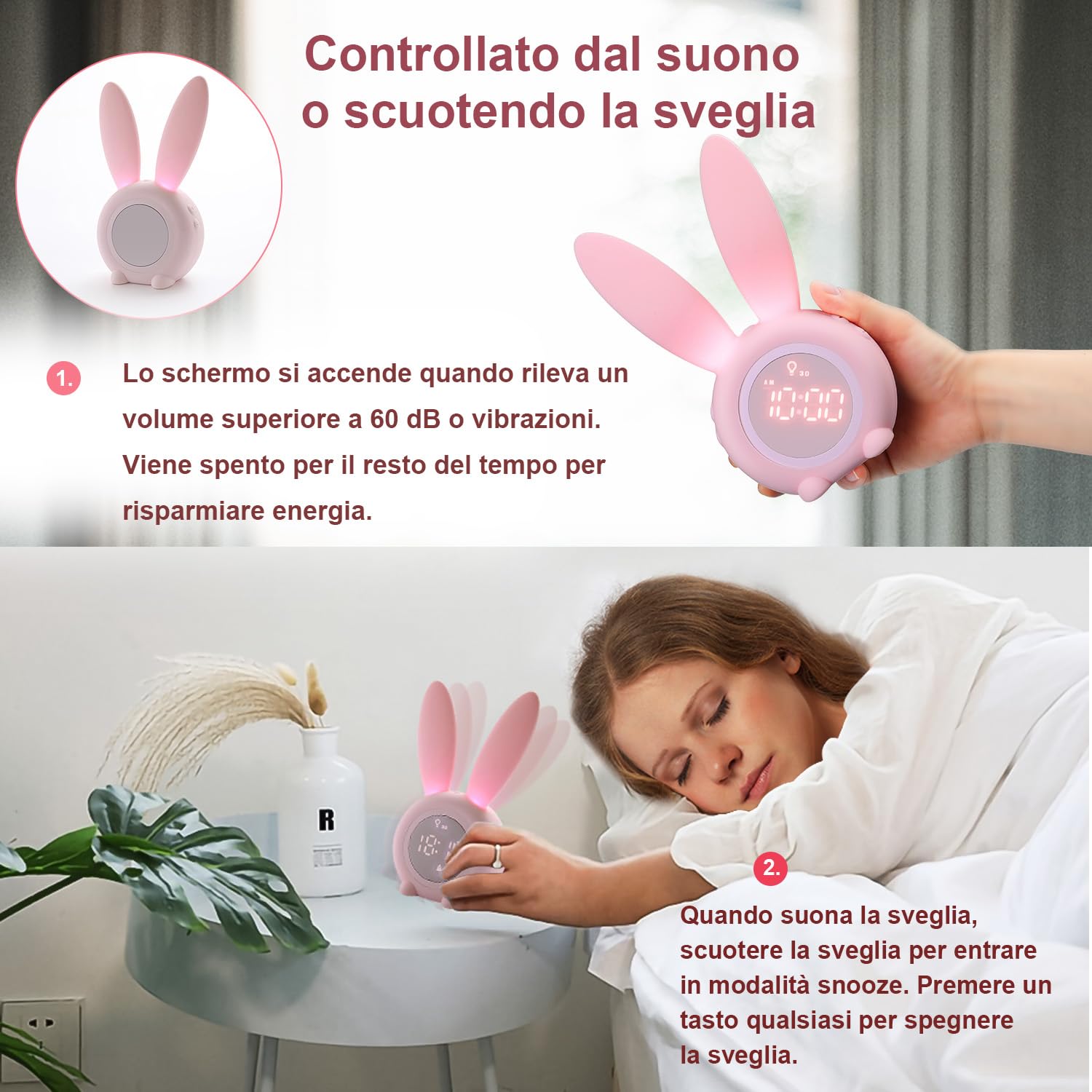 YONGYAO Sveglia Bambini Sveglia luminosa per bambini Réveil pour enfants avec motif de lapin mignon pour filles Réveil de la lumière Réveil Fonction Snooze Aimant Installation Timed Lapin Horloge