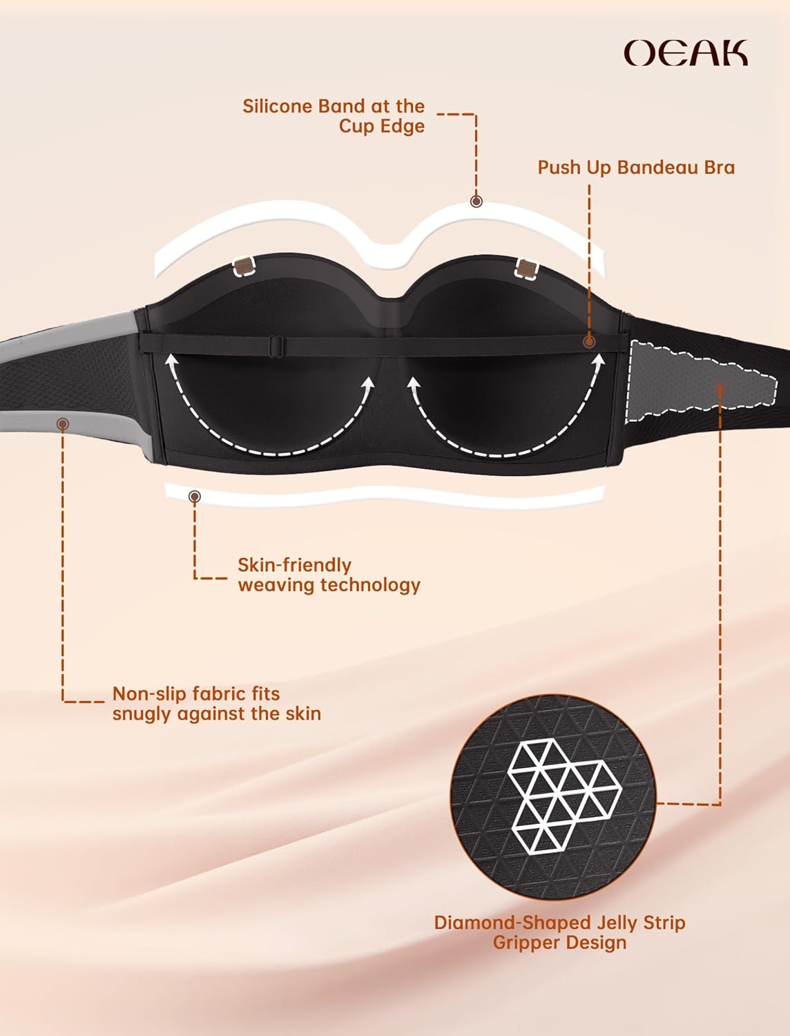 OEAK Womens Strapless Bras with Wireless/Underwire Multiway Non-Slip Tube Top Push Up Bralette Seamless Padded Bandeau Bra - Image 4