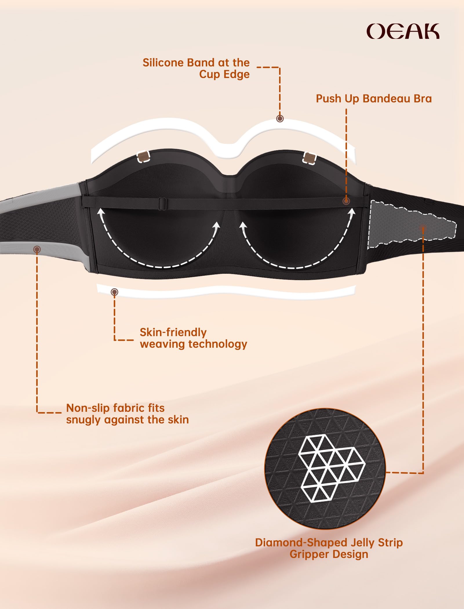 OEAK Reggiseni da donna senza spalline con ferretto multiway antiscivolo a tubo top push up bralette senza cuciture imbottito reggiseno a fascia, nero, (44) C