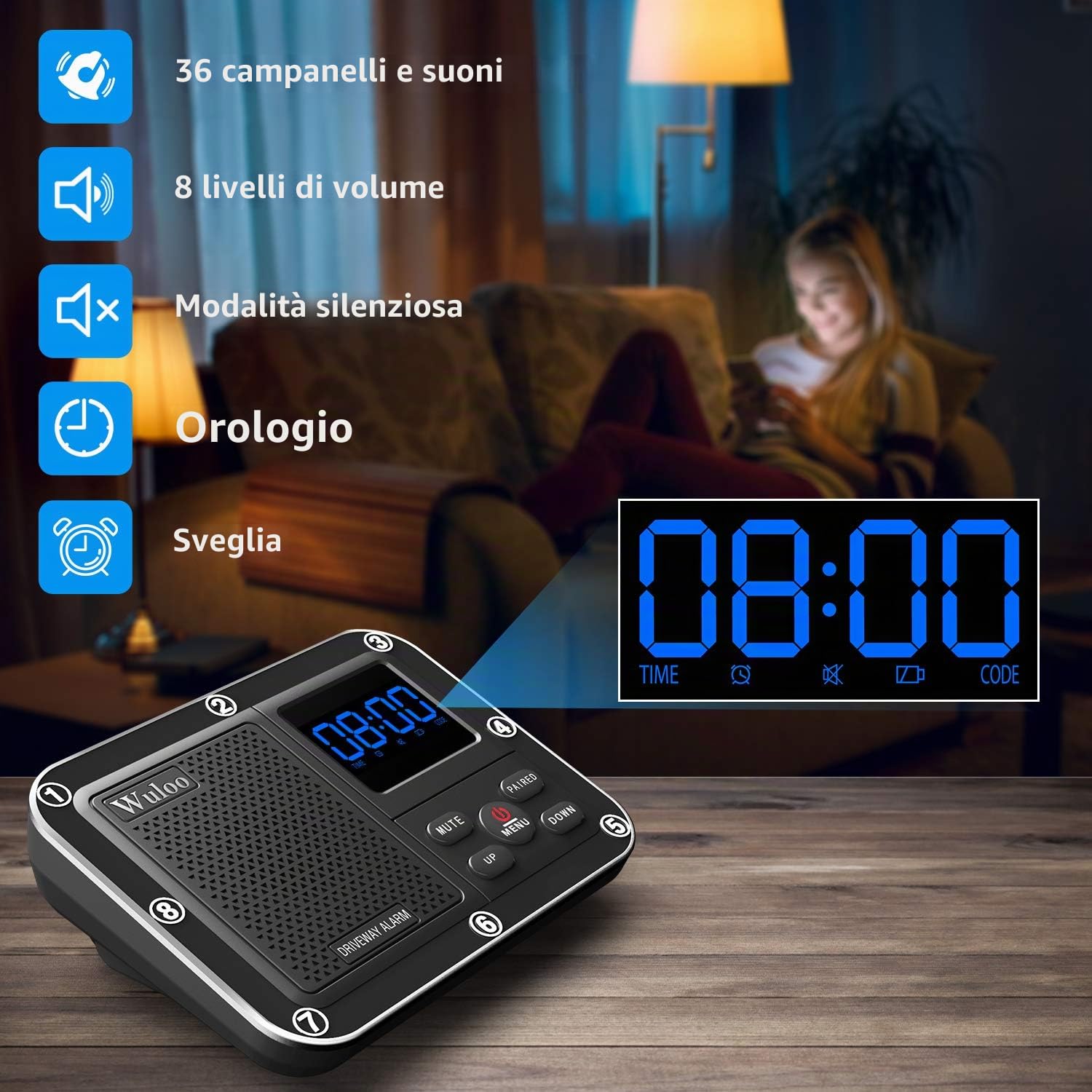 Allarme solare senza fili per vialetto esterno, portata 548,6 m, sensore di movimento esterno e sistema di allarme per vialetto con batteria ricaricabile/resistente alle intemperie/modalità silenziosa