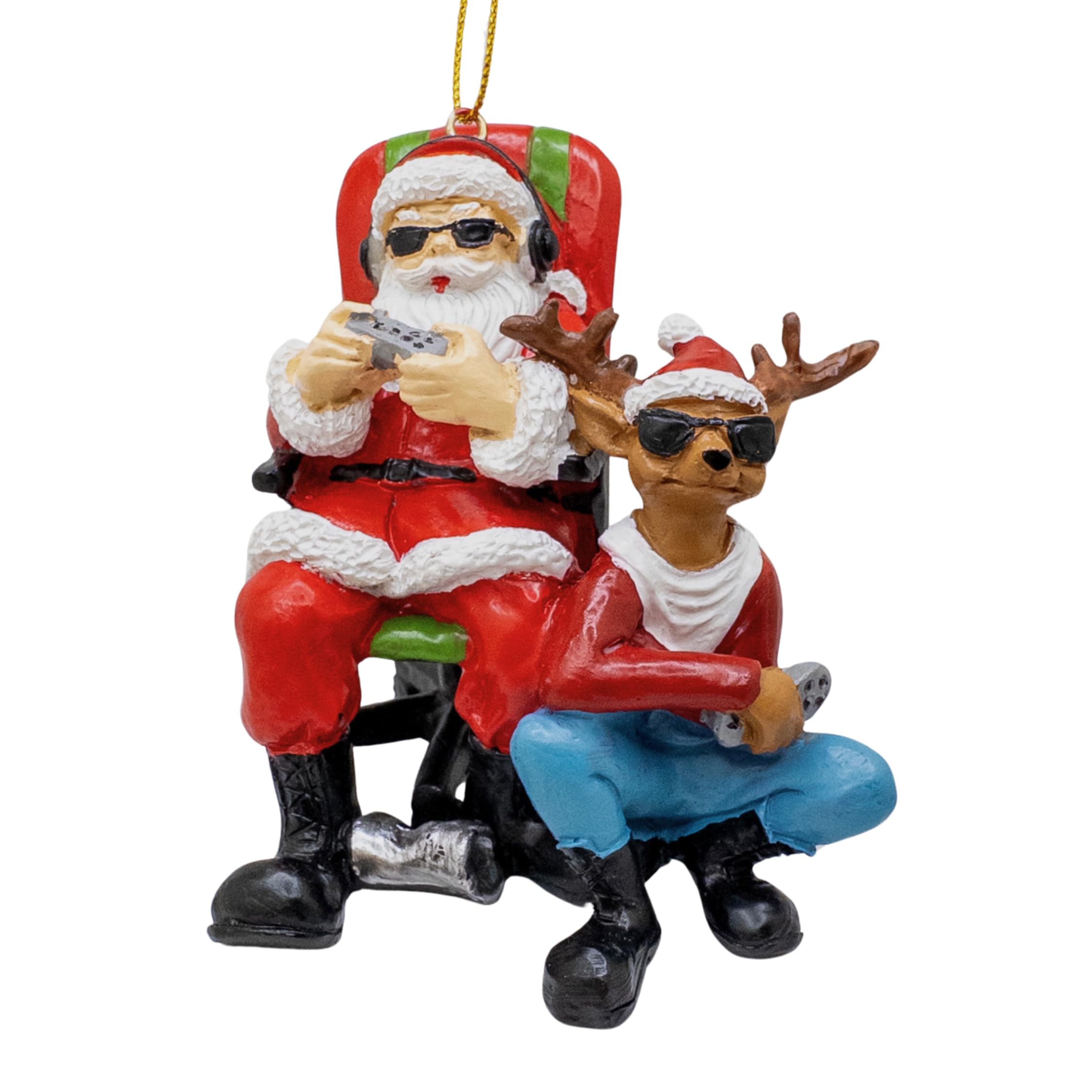 Gamer Santa Claus in Gaming Chair with Reindeer Playing Video Game Christmas Tree Ornament
