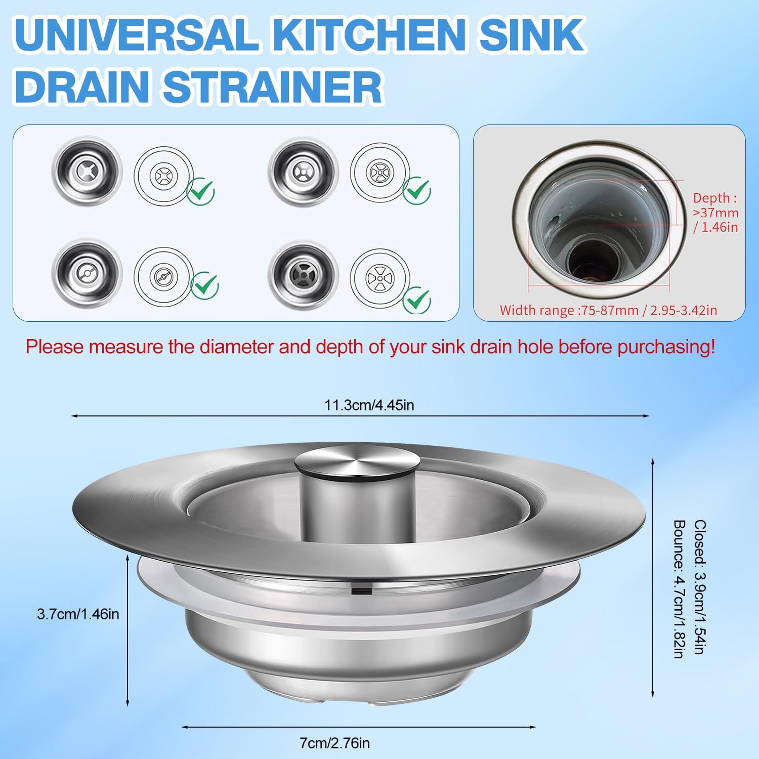 Upgraded 3 in 1 Kitchen Sink Drain Strainer Stopper,Stainless Steel Wrap Around Sink Downspout for US Standard 3-1/2 inch Sewer Strainer,Fast Drainage Filter Sink Plug,Pop Up Sink (2PCS)