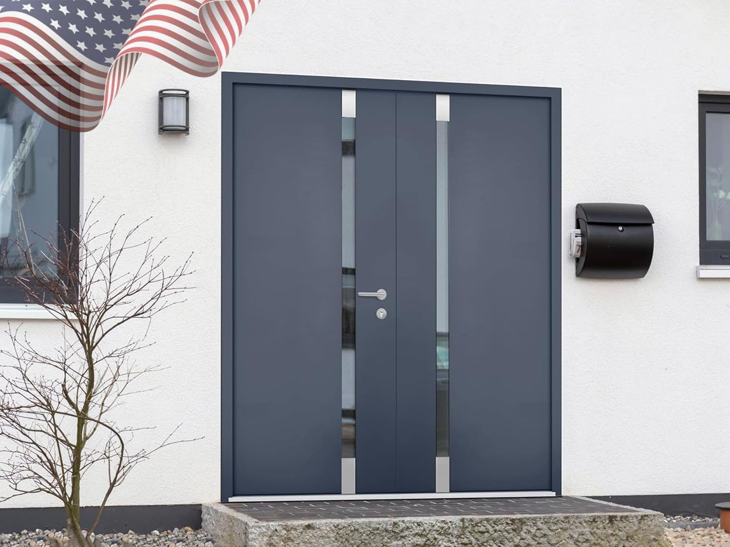 VDOMDOORS Front Exterior Prehung Steel Double Doors/Cynex 6777 Grey/Stainless Inserts Single Modern Painted-W72 x H80-Left-hand Inswing