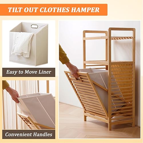 Miniatura 3 de Cesta de lavandería con estantes de 2 niveles y cesta inclinable, cestas organizadoras de ropa sucia, estante de almacenamiento de baño para