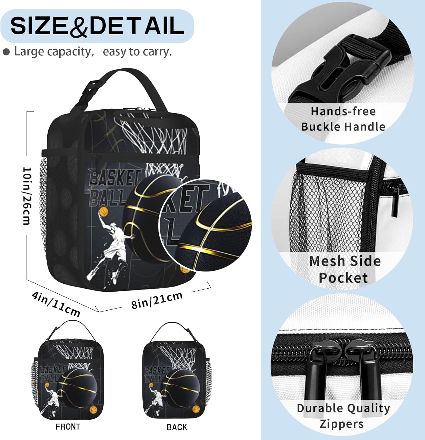 Basketball Kids Lunch Box Basketball Sport Insulated Lunch Bag Tote for Boys Girls Cooler Reusable Ball Themed Lunchbox with Shoulder Strap for School Office Picnic Work Travel - Image 2
