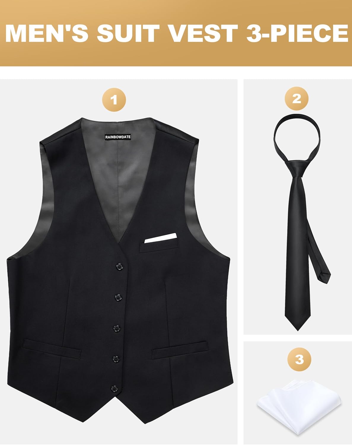 Men’s Suit Vest 3-Piece Slim Fit| Satin Back Formal Waistcoat For Business& Casual