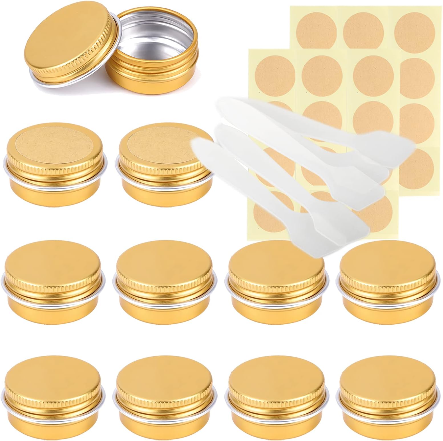 LusDoly Pack of 100 Empty 10ml Gold Aluminium Tins with Lids - Ø35x17mm Round Aluminum Screw Pots Travel Round Cosmetic Cream Container Jars for Candle Lip Balm, Salve with Spatulas & Labels