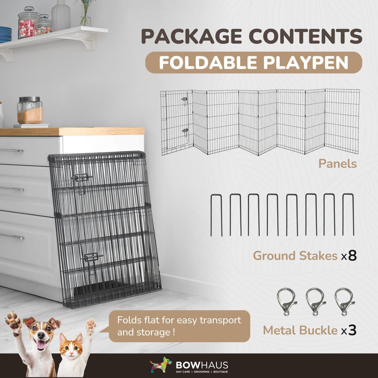 BOWHAUS Foldable Outdoor/Indoor Pet Playpen with Gate, Available in 30 Inch Height Metal Portable Kennel, Heavy-Duty Exercise Fence Cage 8 Panels for Medium Dog, Animals