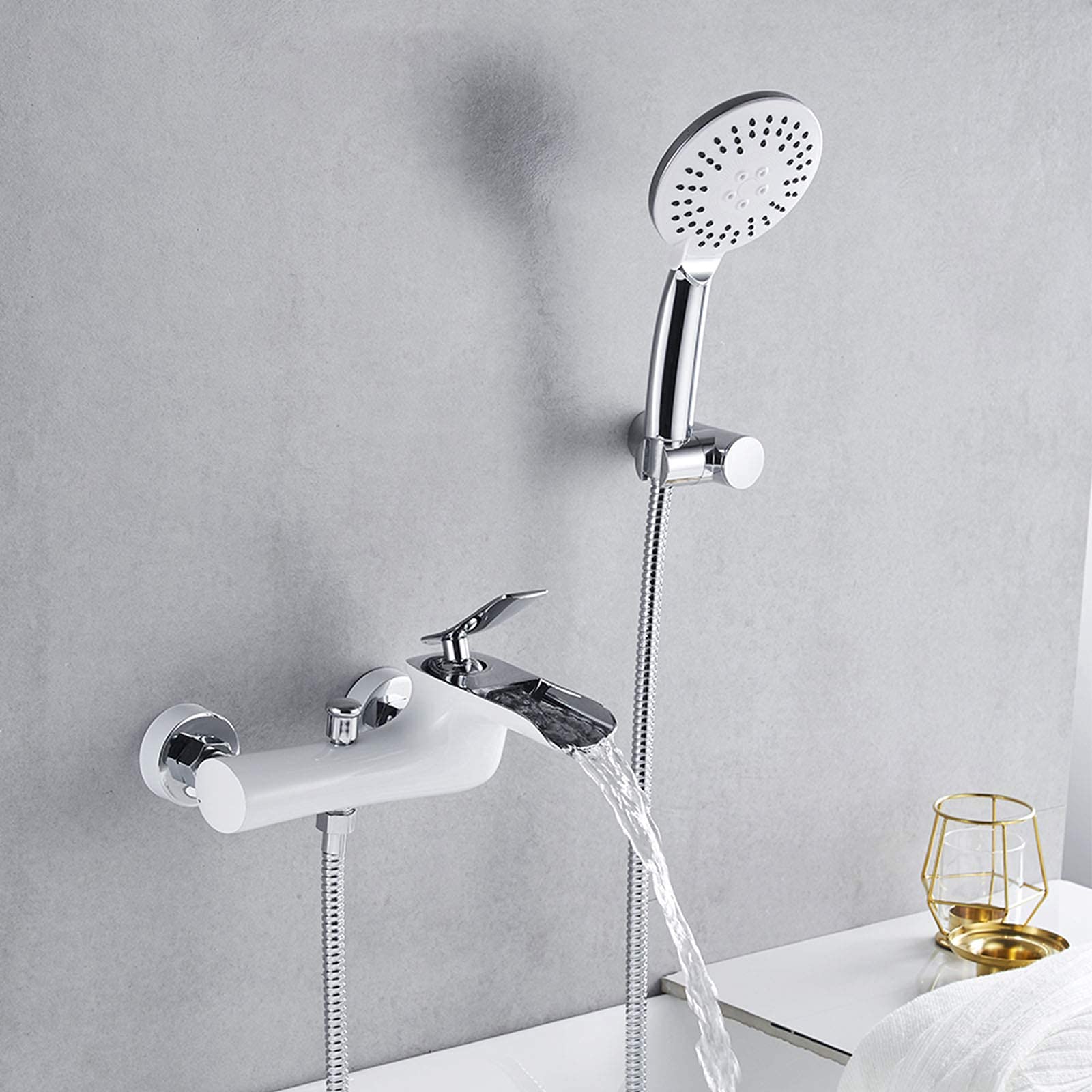 CWCQGH Waterfall Tub Faucet with Hand Shower, Brass Bath Shower Set, Single Handle Bathtub Mixer Tap, Wall Mounted Shower Faucet Set,White
