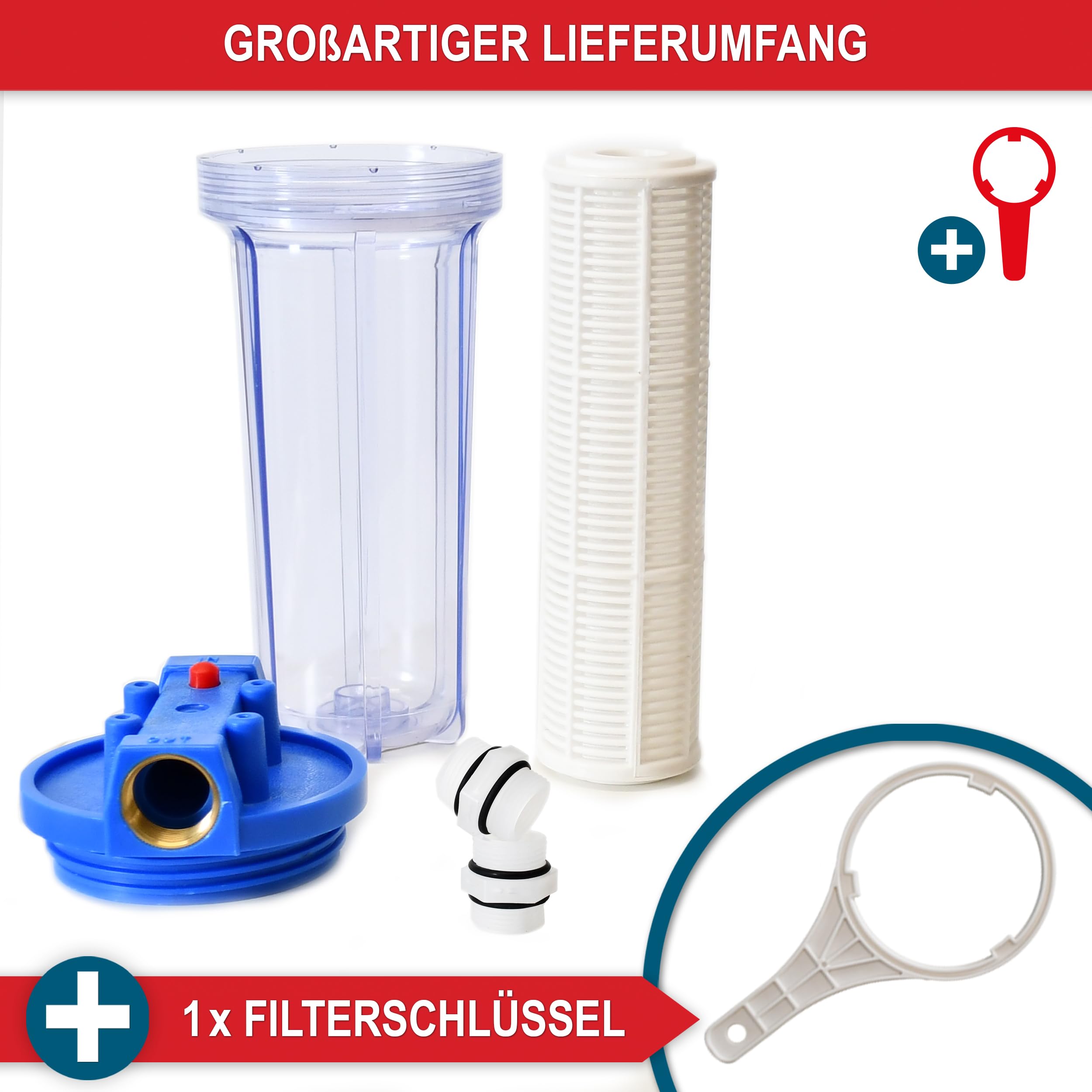 ONBEST Wasserfilter – 6000 l/h – 5,5 bar – 1 Zoll Anschluss Messinggewinde - auswaschbare Filterkartusche – Inkl. 2 Adapter & Filterschlüssel - Idealer Schutz für Pumpen, Hauswasserwerk & Co