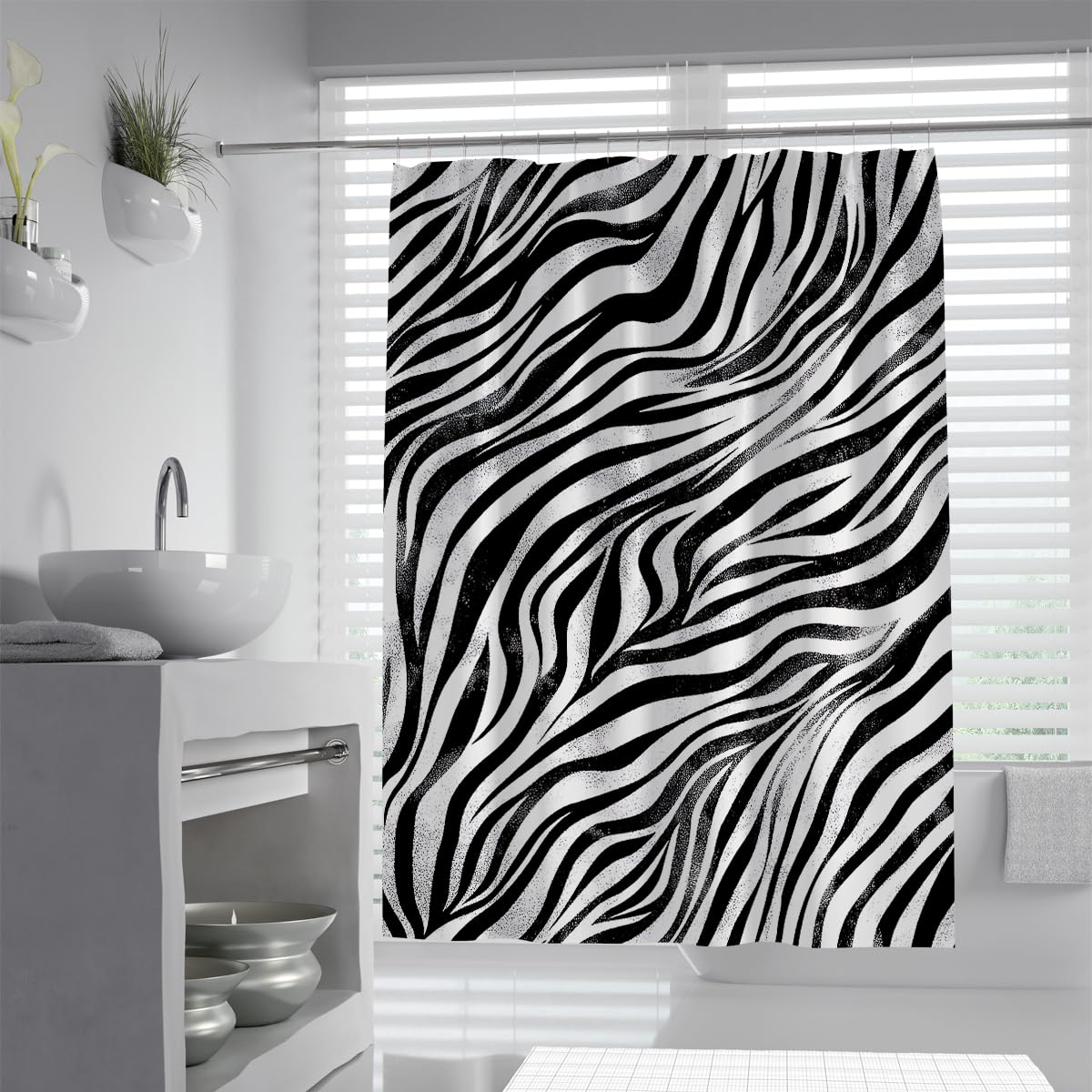 UIRINGART Chic Speckled Zebra Shower Curtain W150xL180cm Contemporary Abstract Geometric Ripples Pattern Water Repellent Quick Dry Walk In Bathroom Screen With Hook