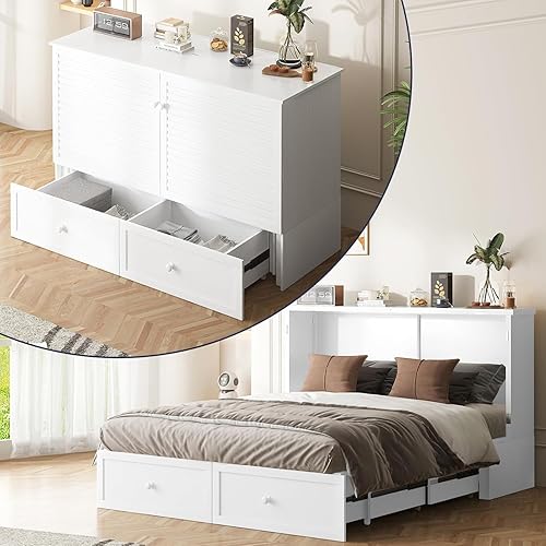 Miniatura 10 de ijuicy Cama Murphy de tamaño Queen con colchón, cama moderna con estación de carga y cajón de almacenamiento, armario de dormitorio (gris)