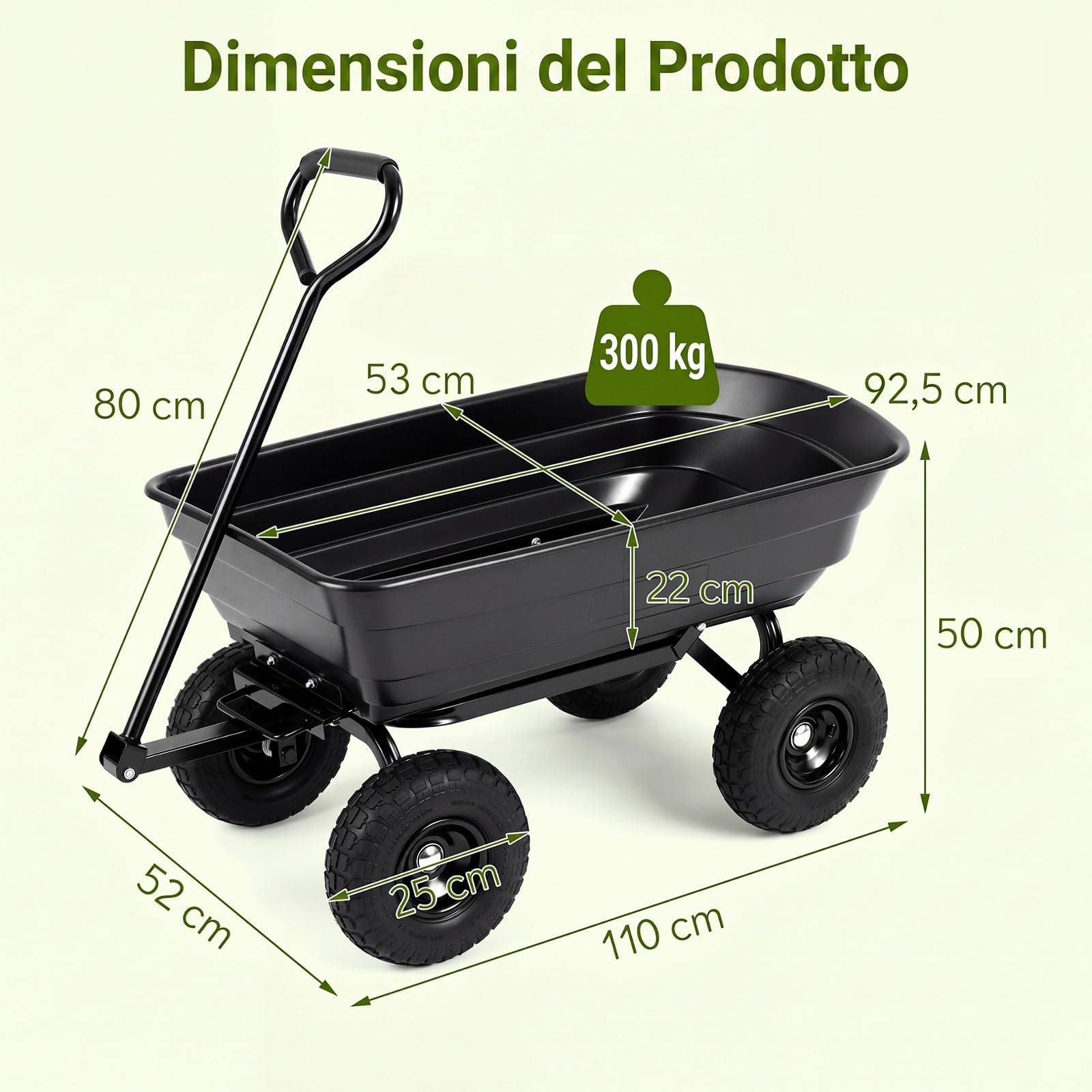 COSTWAY Carrello da Giardino 75 L Portata 300 kg, Carriola da Giardino Ribaltabile con 4 Ruote Pneumatiche, Manico Regolabile e Impugnatura Morbida, Carriola da Muratore da Esterno