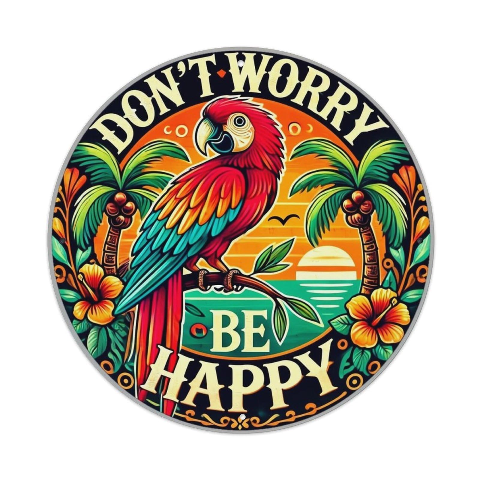 Tropical Parrot Sunset Palm Flowers Vintage Round Tin Sign Retro Metal Wall Decor Metal Poster, Home Bar Garage Cafe Wall Art Decoration 8x8Inches