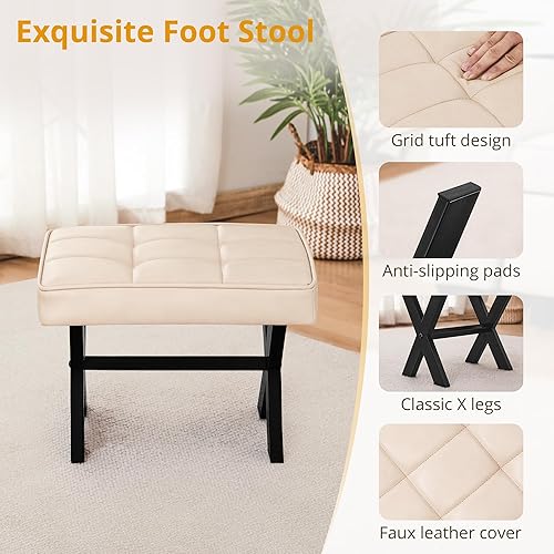 Miniatura 4 de LUE BONA Taburete otomano, 12" H, piel sintética, reposapiés acolchado, duradero, multifuncional, antideslizante, fácil montaje, almendra