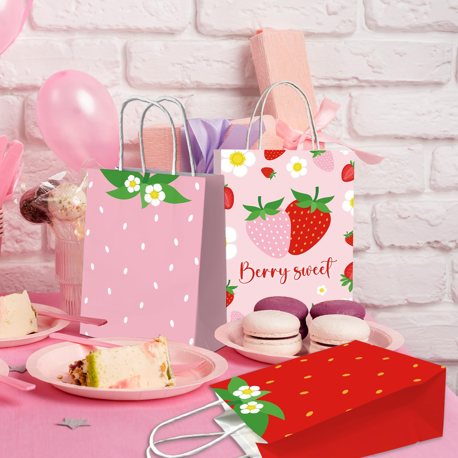 Dydamud Strawberry Paper Bags, 12 Pack Strawberry Goodie Bags With Handles, Strawberry Paper Party Favor Bags For Kids Birthday, Baby Shower, Strawberry Candy Bags for Strawberry Party Decorations