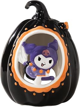 Blue Sky Clayworks Kuromi Pumpkin Cutout Candle House, Ceramic 6" L x 6" W x 8" H, Cute-Spooky Glow