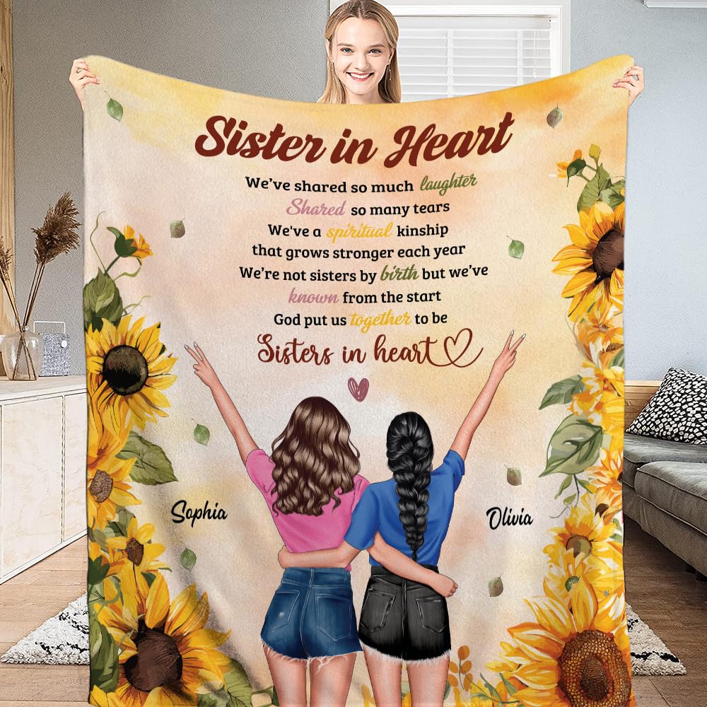 SATIGI Personalized Sister in Heart Blanket– Custom Sunflower Design with Name – Gift for Best Friend or Long Distance Sister – Birthday