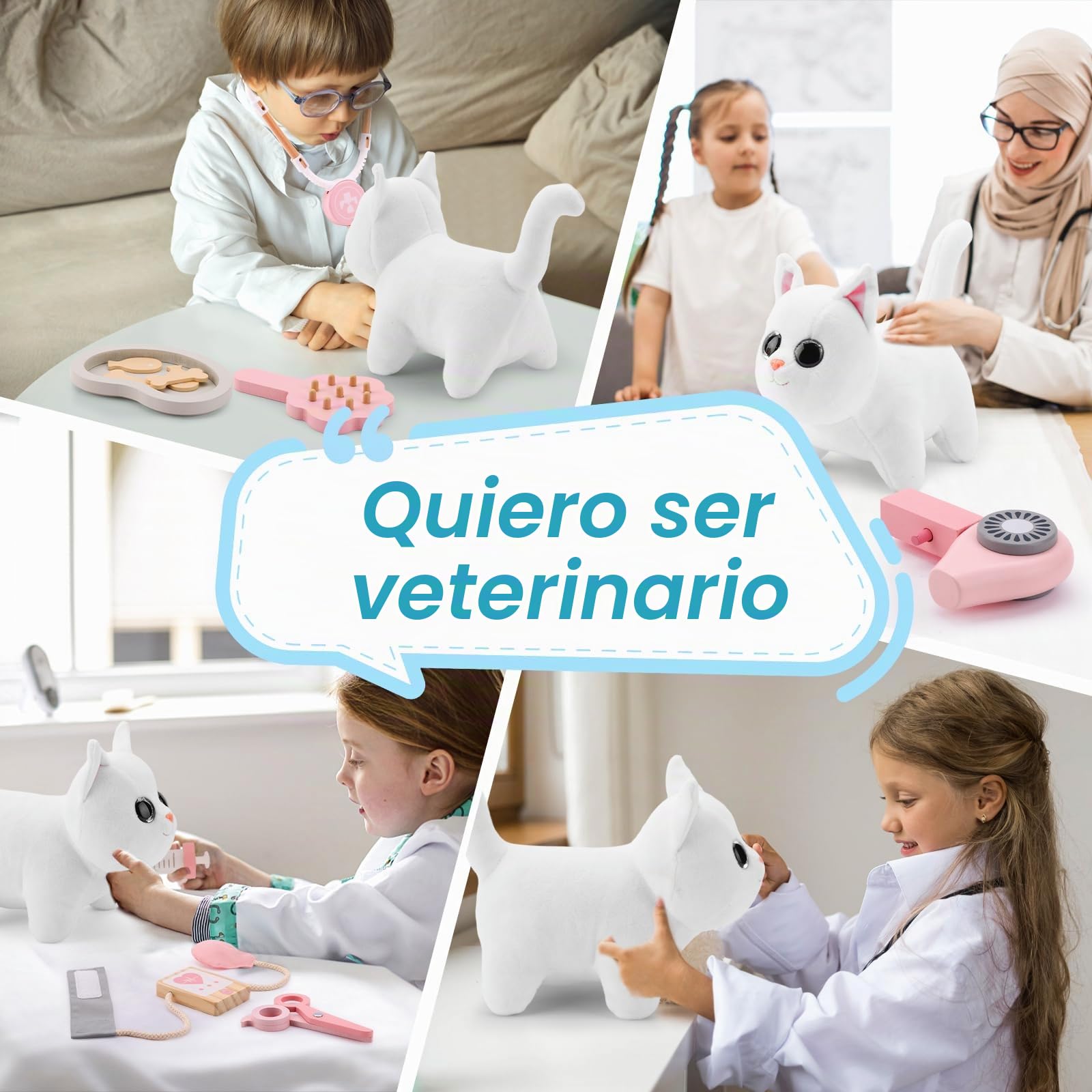 UMU® - Juego de 37 Juguetes Veterinarios de Madera para niños con Gato de Peluche, Estetoscopio, tenómetro, etc. Juguete Veterinario para niños y niñas de 3, 4, 5 años