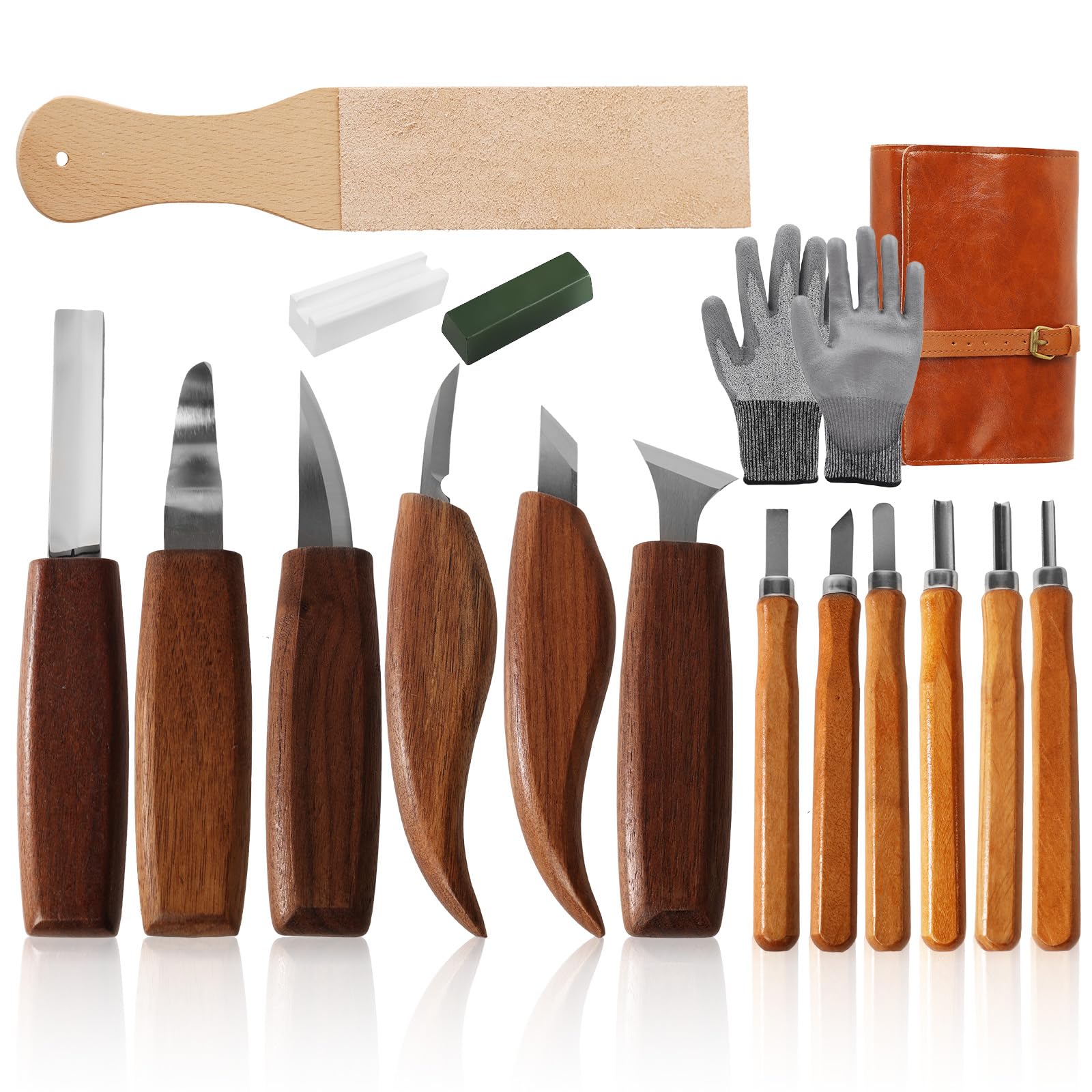Juego de 17 cuchillos para tallar de madera para principiantes, seguro y sencillo, selección completa de herramientas con guantes, bolsa de herramientas