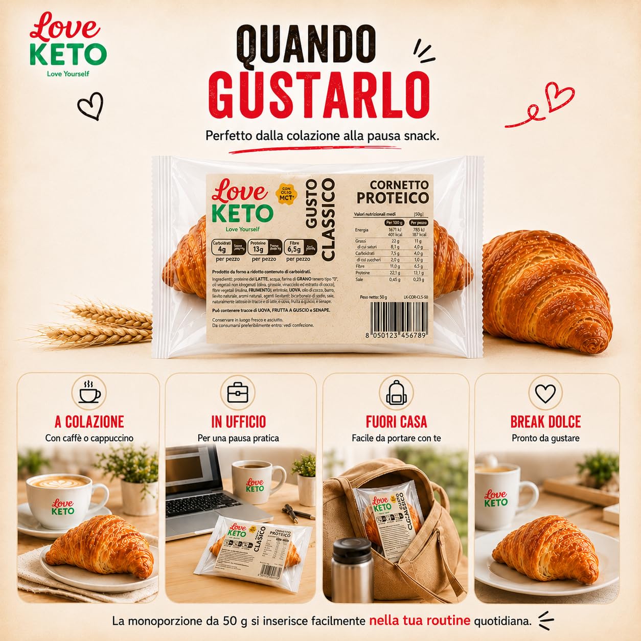 Cornetti proteici low carb gusto classico 20 confezioni da 50gr - Made in Italy