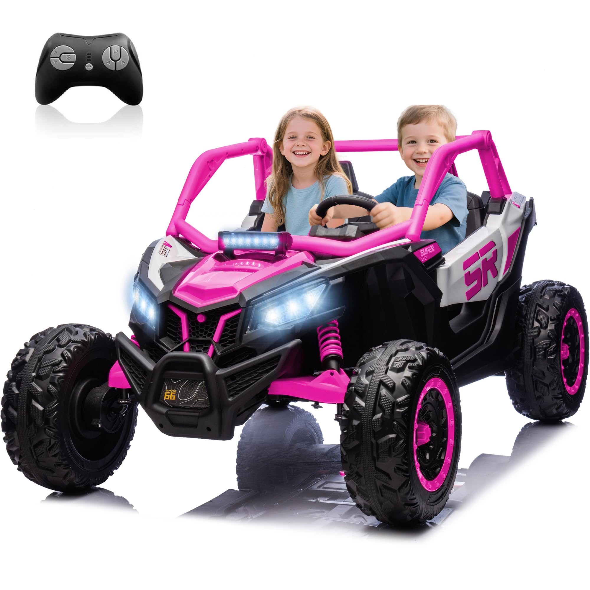 24V 7AH XXXL 2 Seater Power Wheels for Big Kids, 25" 4WD Largre Kids' Electric Vehicles with Remote Control for Girls Boys, UTV Ride On Car for Kid, EVA Tires, Spring Absorbers, Pink