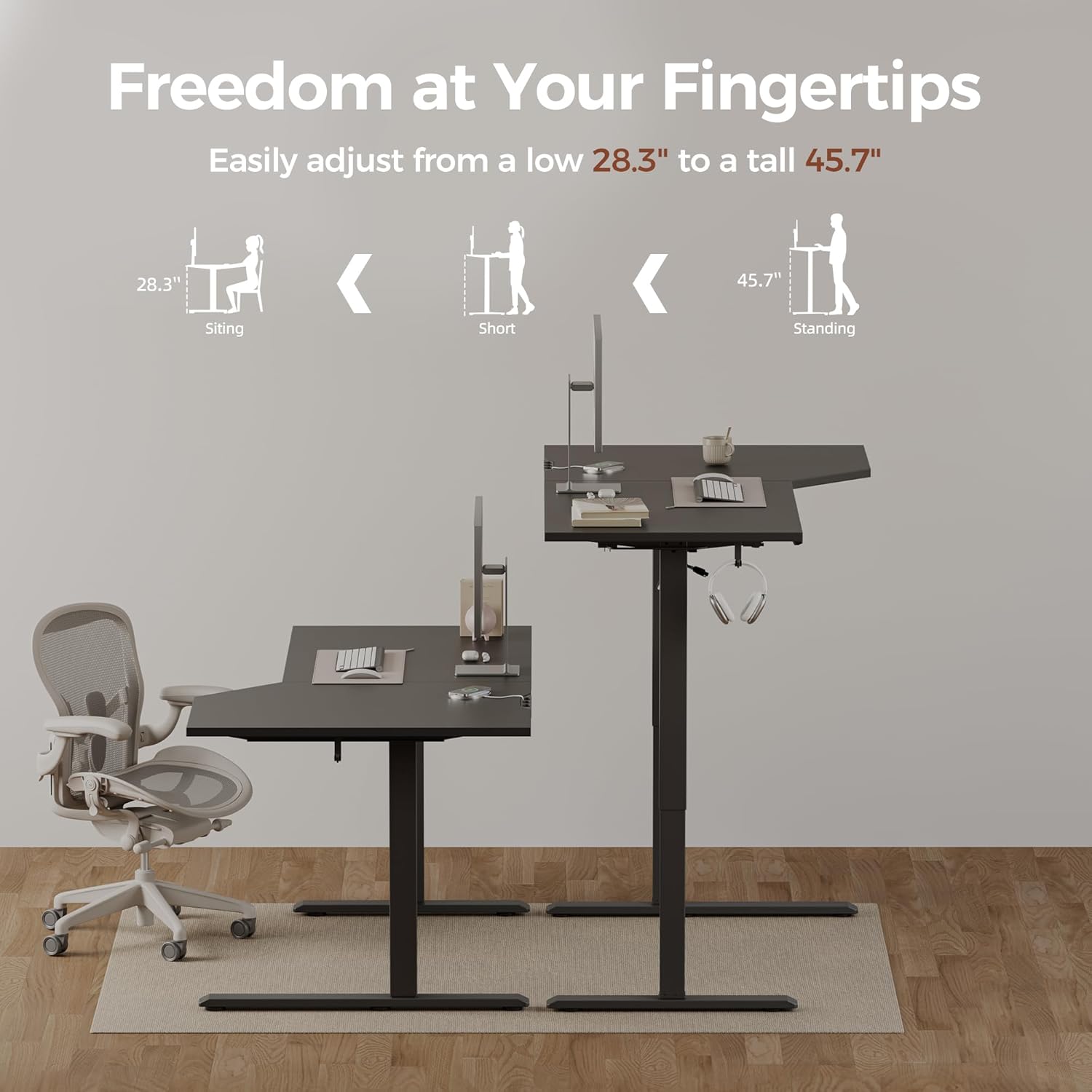 Mericonia L-Shaped Standing Desk with Cable Management, Corner Stand Up Desk, Electric Adjustable Computer Desk for Home Office Work