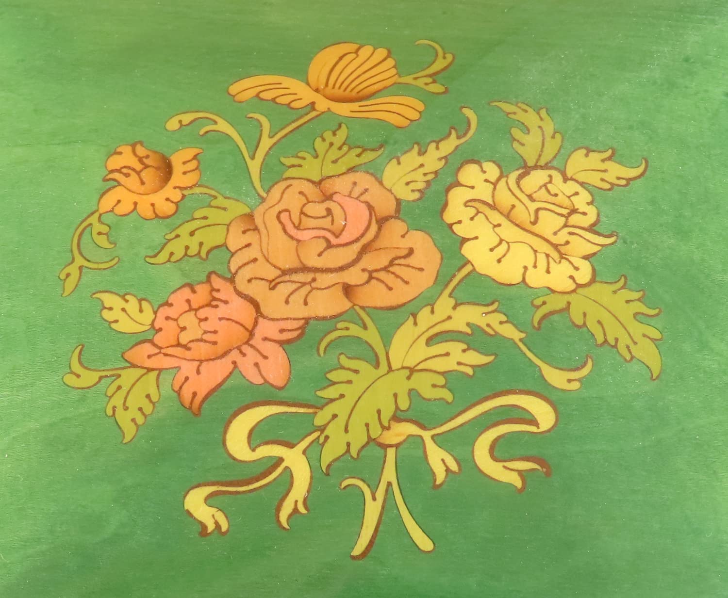 Joyero musical/caja de música para joyas de madera teñida verde claro con marquetería ramo de flores y mecanismo musical de resorte de 18 notas - Over the rainbow - El mago de Oz (Harold Arlen).