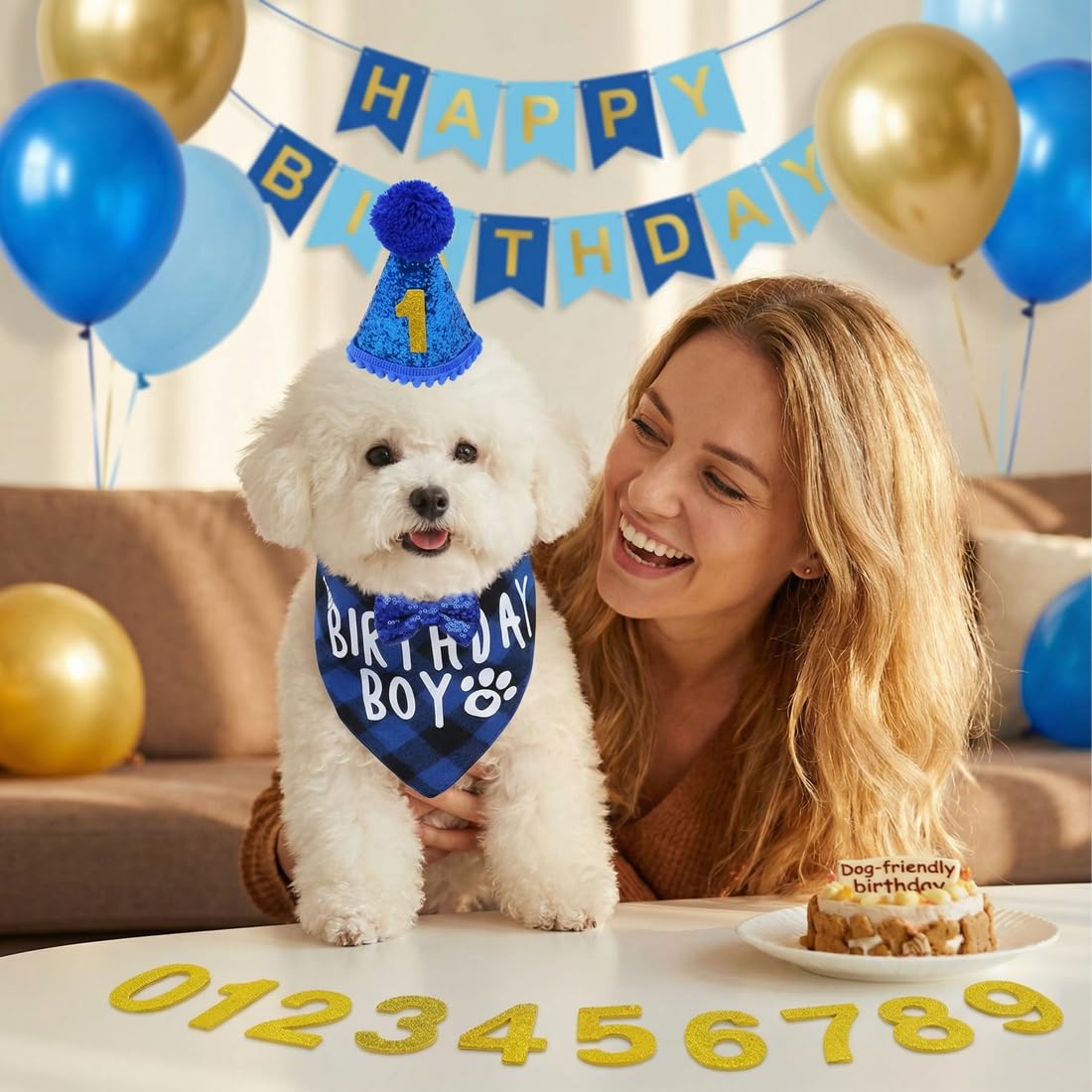 Set di cappello e bandana per compleanno cane, 3 pezzi, con 9 numeri glitter, decorazioni per festa cane, bandana compleanno cane, cappellino compleanno cane (Blu)