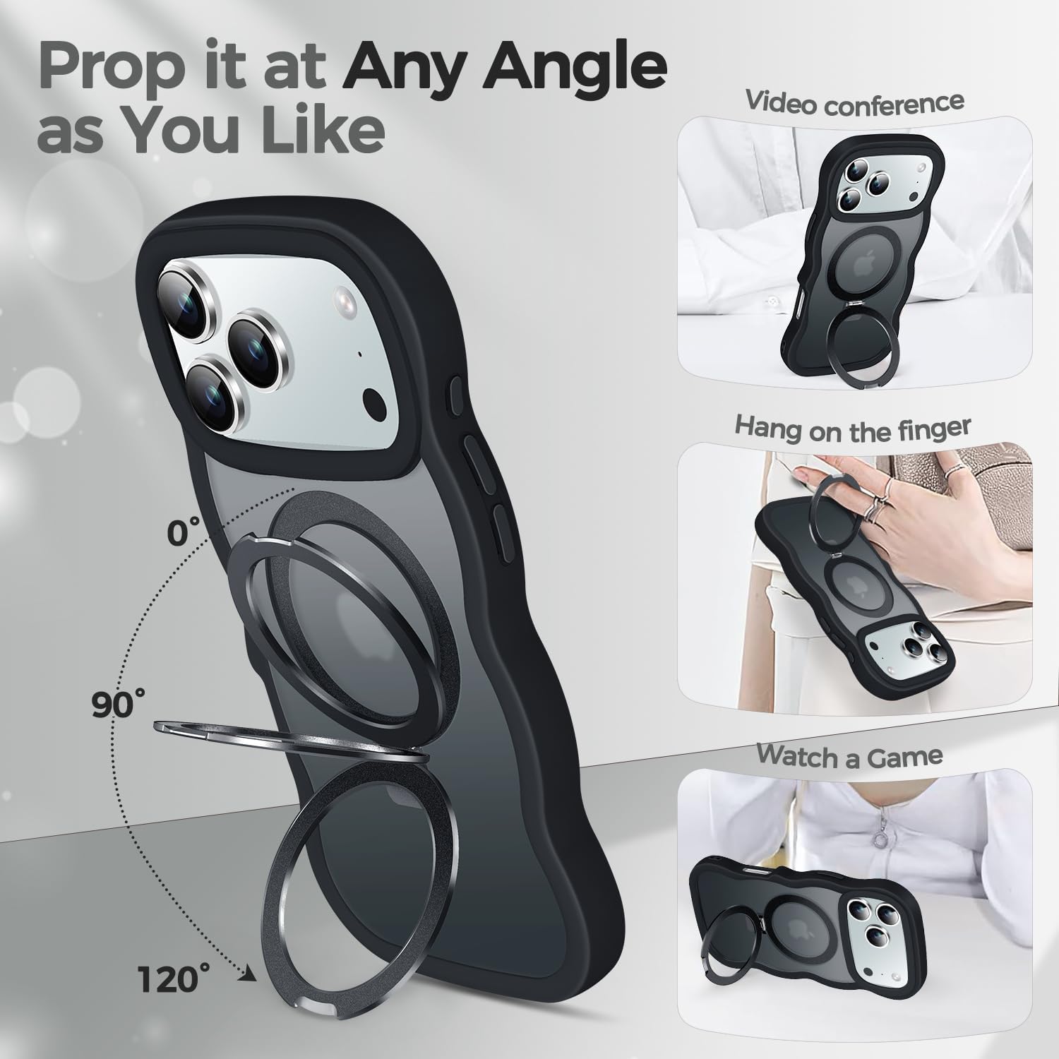 [Cute Wave Frame+Mag Stand] Designed for iPhone 17 Pro Max Case, [Fit for MagSafe] Translucent Silicone Protective Magnetic Ring Phone Case Cover for iPhone 17 Promax 6.9 inch Men Women, Black - Image 2