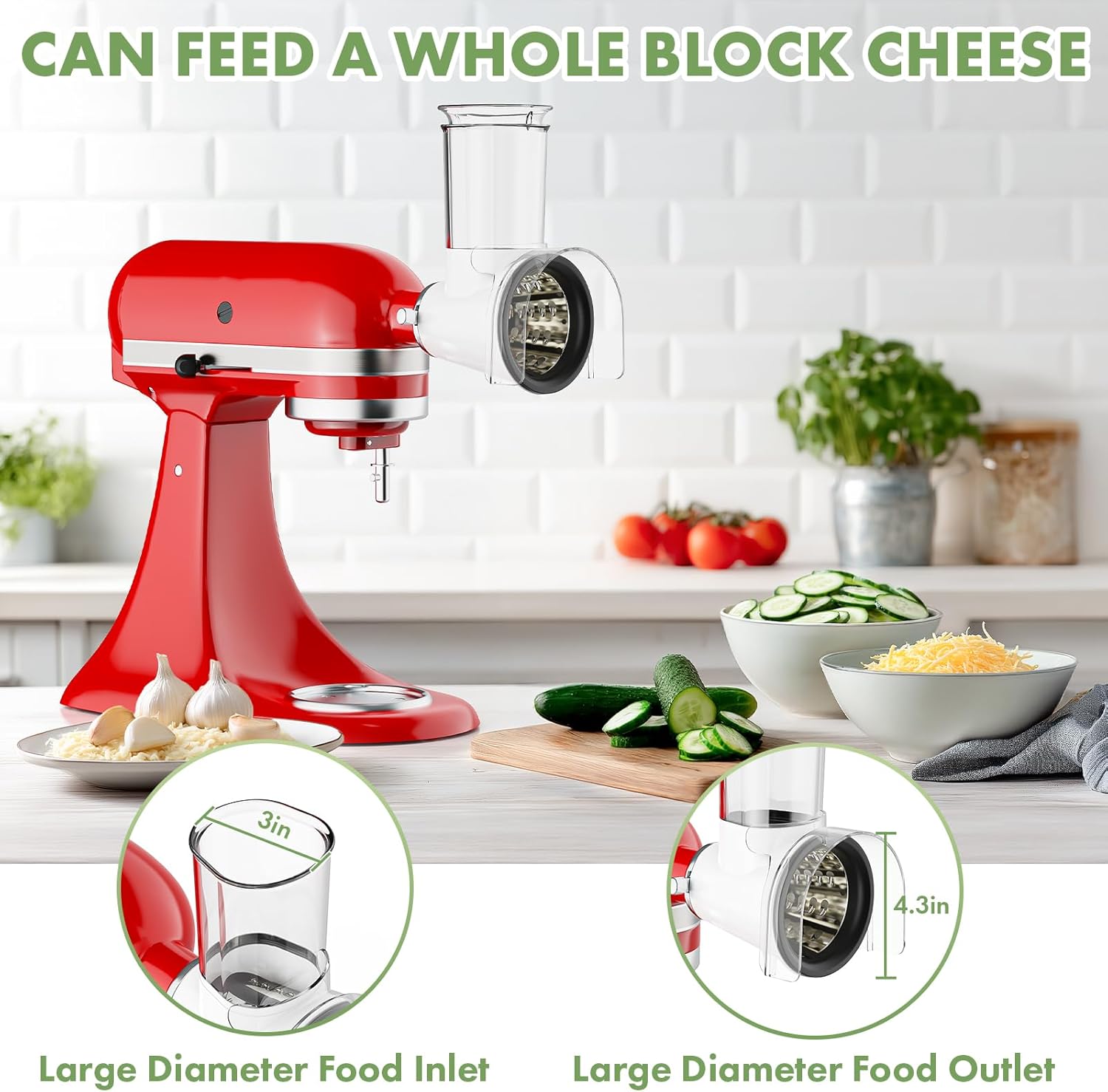 Cheese Grater Attachment for KitchenAid, Large Cheese Grater with 3-inch Feed Chute and Splash-Proof Barrier, Cheese Shredder, For Kitchen Aid Accessories and Attachments, Dishwasher Safe By Cofun