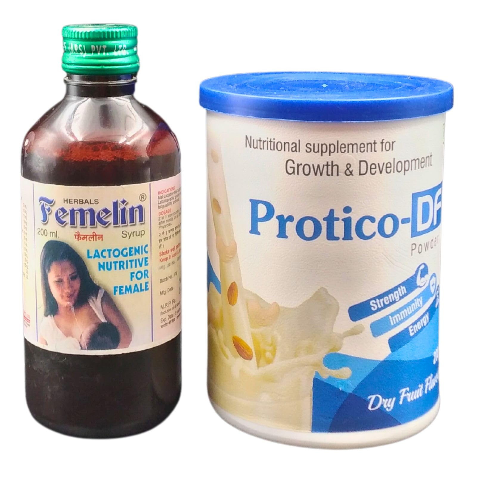 Ayurvedic Femelin Syrup and Protico-DF Powder Lactogenic Nutritive for Booster mother's milk | Give Mother Strength, Immunity OR Energy | Combo Pack