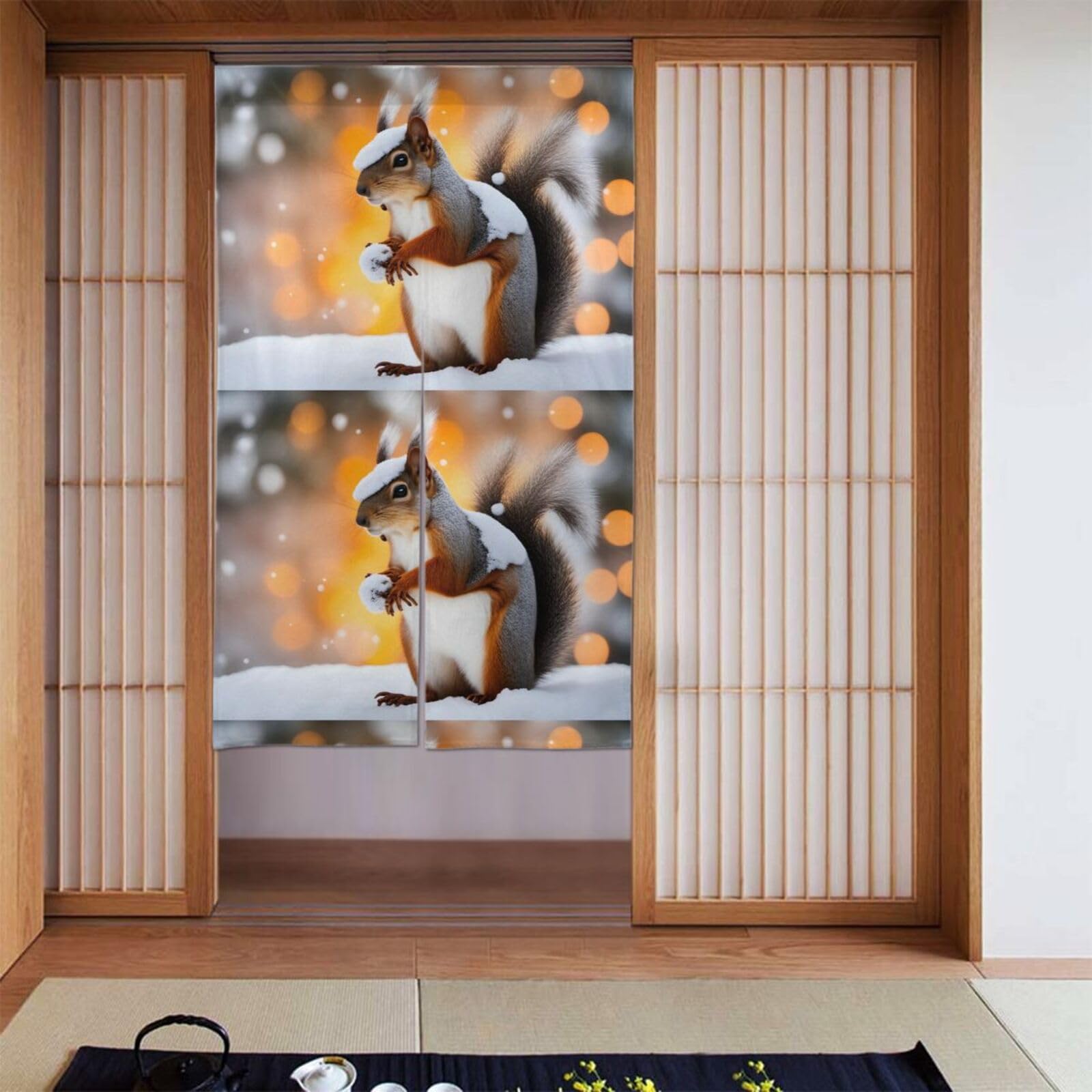 Rideau de porte écureuil de Noël semi-couvert en deux pièces 86x142 cm