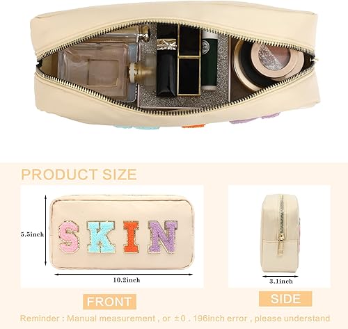 Miniatura 4 de DYSHAYEN Bolsa de cosméticos de nailon, pequeña bolsa de maquillaje para mujeres y niñas con parches de letras de chenilla, COSA-1, Preppy