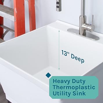 Utility Sink Extra-Deep Laundry Tub in White with High-Arc Stainless Steel Coil Pull-Down Sprayer Faucet, Integrated Supply Lines, P-Trap Kit, Heavy Duty Floor Mounted Freestanding Wash Station