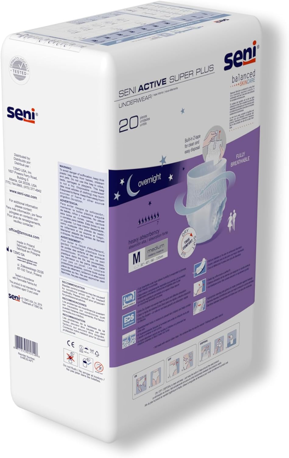 Seni Active Super Plus Unisex Adult Incontinence Underwear, Heavy Absorbency, Pull On Disposable Overnight Underwear for Men & Women (Medium, 20, Count)