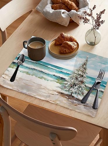 Miniatura 3 de Juego de 4 manteles individuales de árbol de Navidad costero, modernos manteles individuales con pintura al óleo de playa para mesa de comedor,