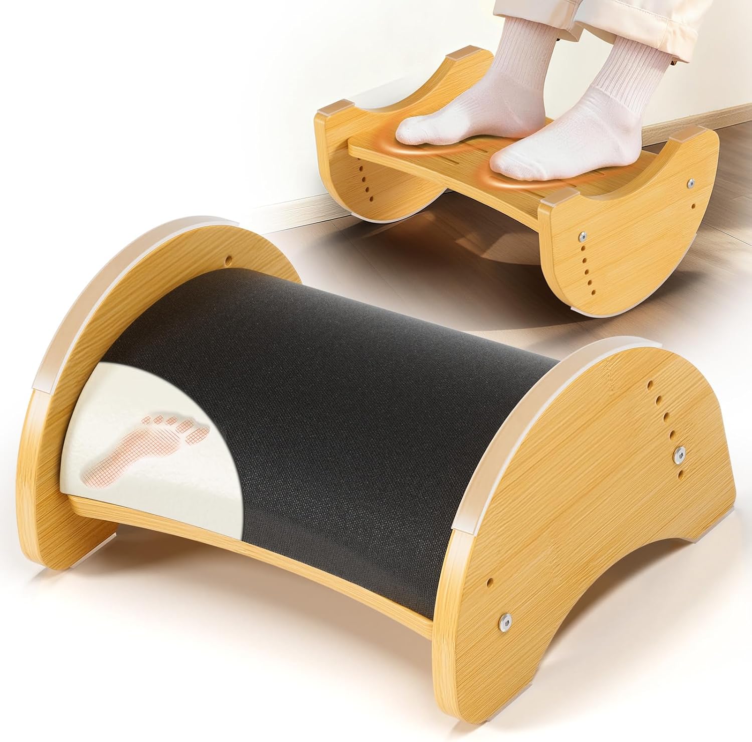 Bamboo Under Desk Footrest with Cushion - 6-Level Adjustable Ergonomic Wooden Foot Rest for Office & Home - Reversible Rocking Footstool for Short Legs, Back & Lumbar Pain Relief - Non-Slip