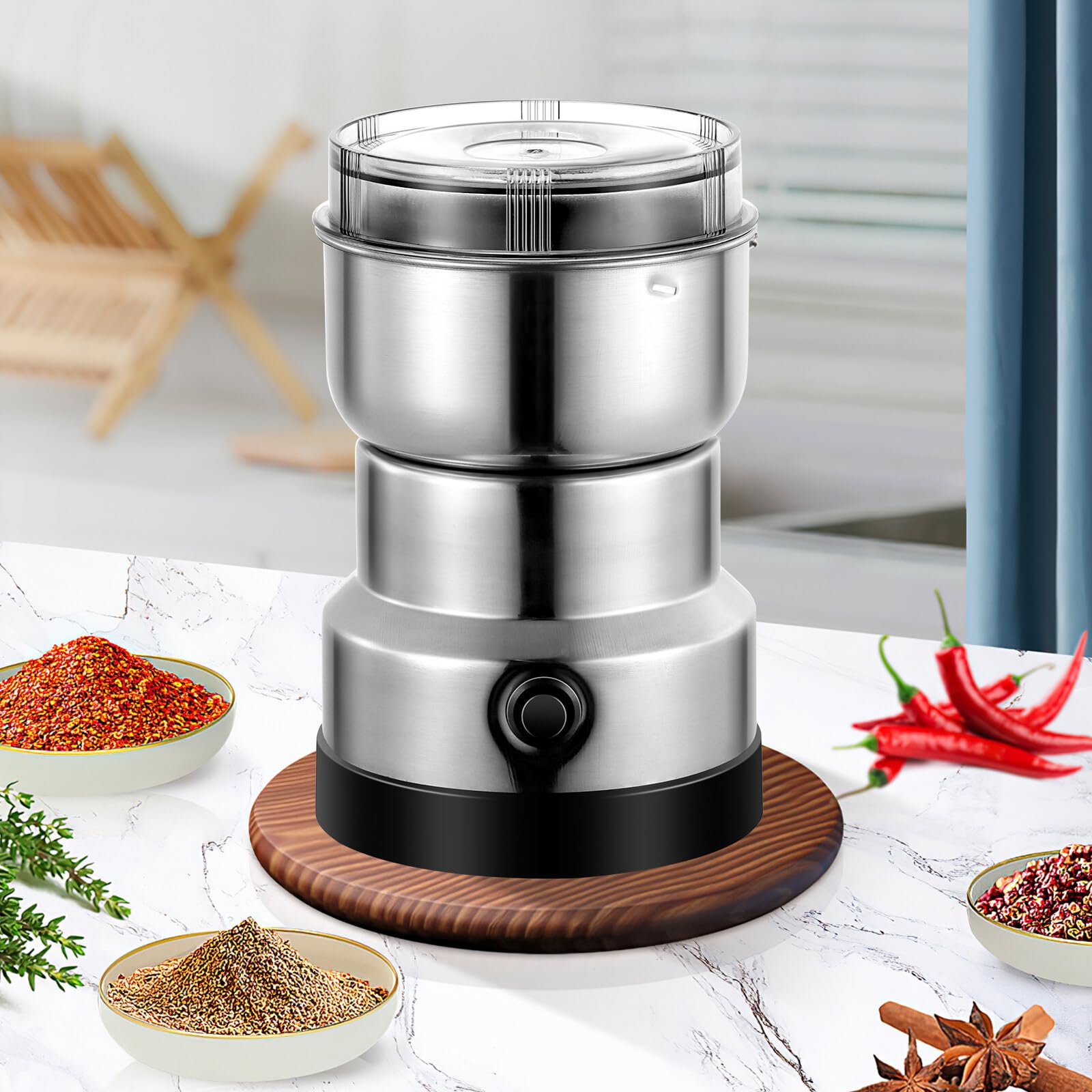 Moulin à grains, multifonctionnel, moulin à grains 150 W, moulin en acier inoxydable, petit récipient en poudre de café, broyeur domestique pour ingrédients secs, épices, herbes, café (argent)